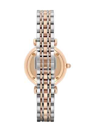 Orologio in metallo argento e oro rosa con cassa circolare, cinturino a maglie e design minimalista, dotato di un quadrante rotondo e una sola corona.