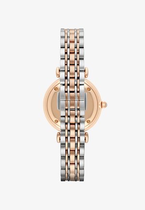 Zilveren en roségouden metalen horloge met een ronde kast, schakelsband en minimalistisch ontwerp, met een ronde wijzerplaat en een enkele kroon.