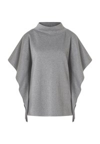 Grijze top gemaakt van textuurstof met een hoge hals en brede, vloeiende mouwen. Kenmerkend zijn de subtiele verticale streepjes en de zijsplitten.