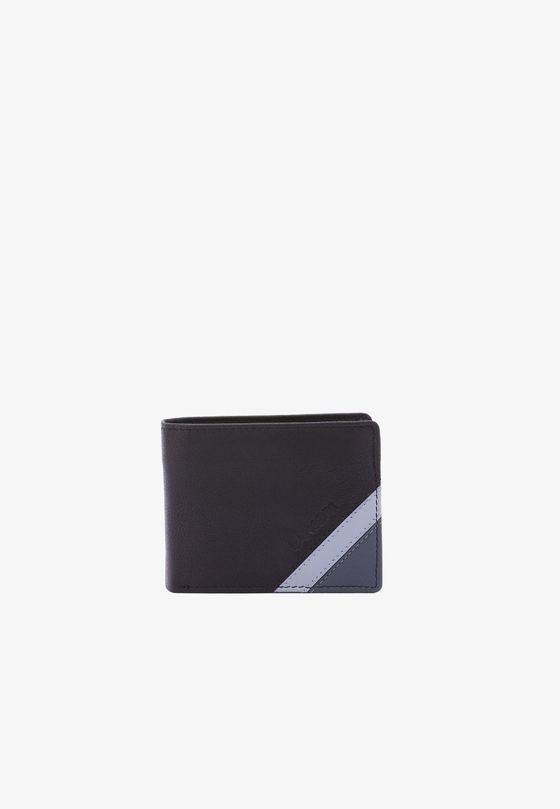 Zwarte leren bifold portemonnee met diagonale accenten in licht- en donkergrijs op de rechterbenedenhoek.