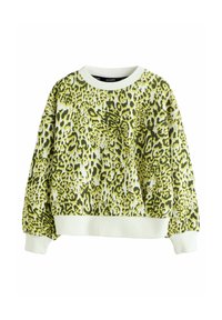Felpa verde con stampa leopardata, girocollo, polsini e orlo a costine bianchi. Tessuto morbido, vestibilità comoda, design a motivo su tutta la superficie.