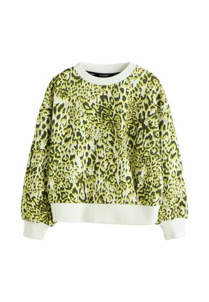 Grön leopardmönstrad sweatshirts med rund hals, vita ribbade ärmslut och nederkant. Mjuk tyg, oversize passform, mönstrad design genomgående.