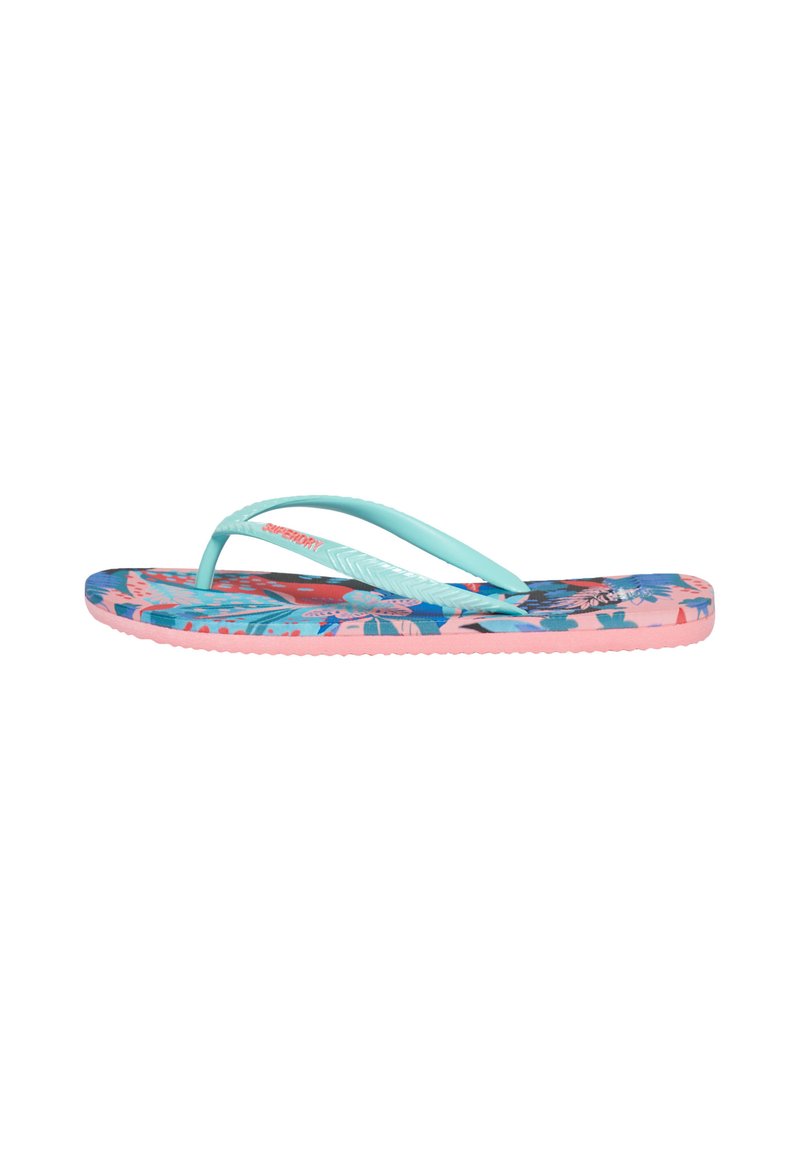 Flip-flop med et flerfarvet blomsterdesign på sålen, blå stropper og en pink sål. Designet til afslappet sommerbrug.