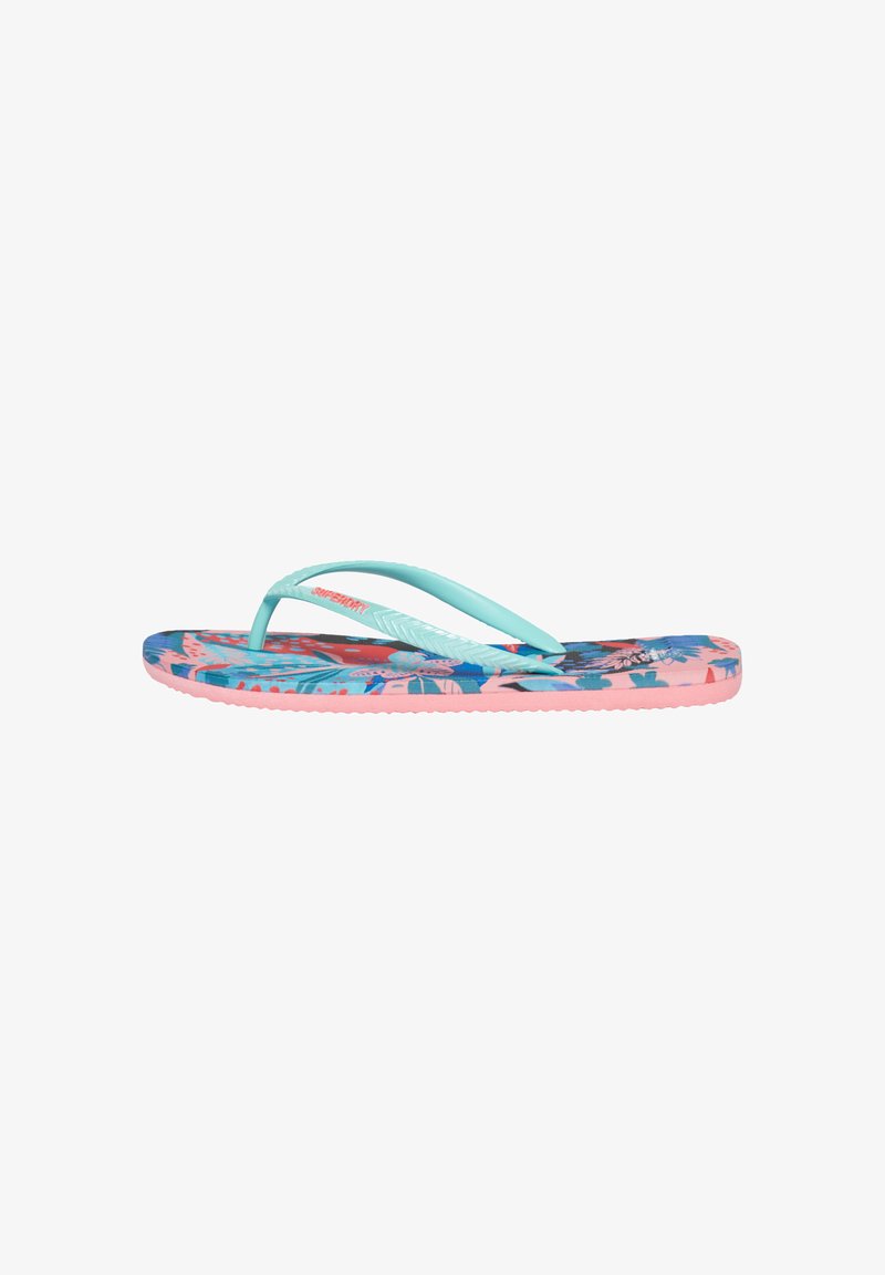 Flip-flop med et flerfarvet blomsterdesign på sålen, blå stropper og en pink sål. Designet til afslappet sommerbrug.