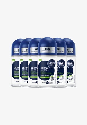 Six NIVEA Men Derma Control roll-ons with blue caps, transparent bottles, and labels featuring text about sensitivity, hydration, and active protection.