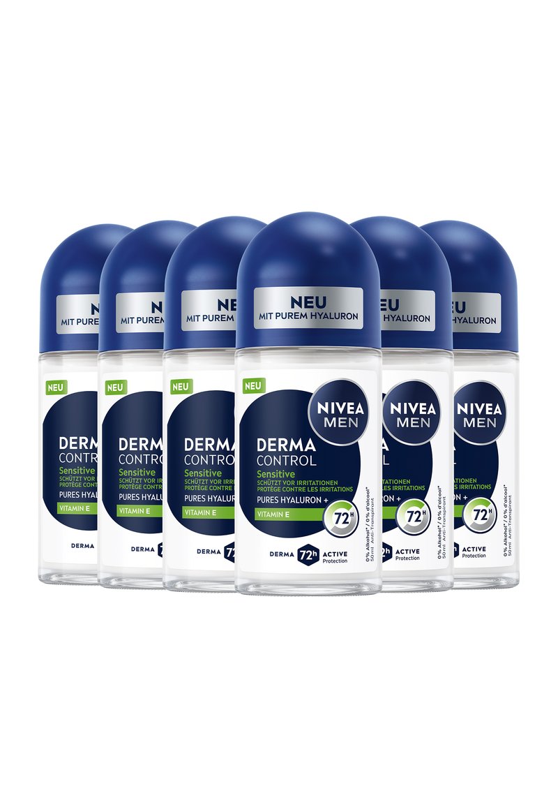 Six NIVEA Men Derma Control roll-ons with blue caps, transparent bottles, and labels featuring text about sensitivity, hydration, and active protection.