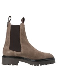 Brauner Chelsea-Stiefel aus Wildleder mit elastischen Seitenteilen, Zuglasche, robuster Sohle und kontrastierenden Nähten entlang der Kanten.