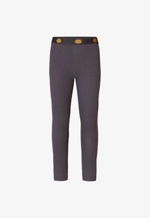 Dunkelgraue, gerippte Leggings mit taillierter Passform, ausgestattet mit einem schwarzen Bund, der mit goldenen Sonnenstrahlmustern verziert ist.