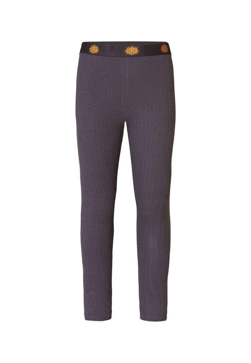 Donkergrijze geribde leggings met een aangesloten ontwerp, voorzien van een zwarte tailleband versierd met zonnestraalpatronen in goud.