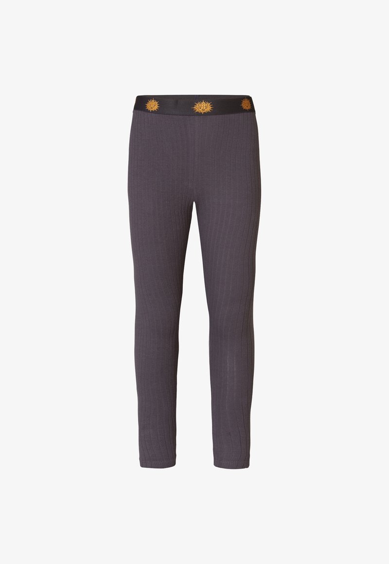Donkergrijze geribde leggings met een aangesloten ontwerp, voorzien van een zwarte tailleband versierd met zonnestraalpatronen in goud.