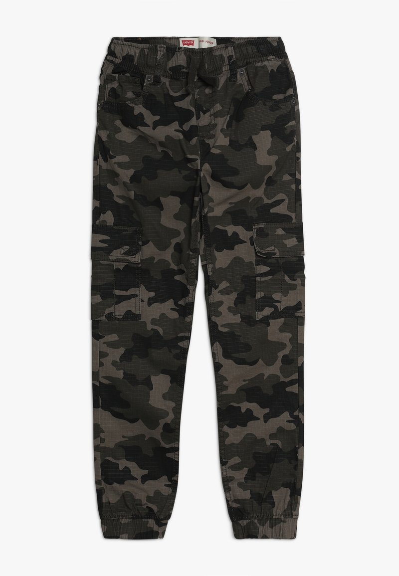 Pantalon cargo camouflage pour enfants avec taille élastique et poignets aux chevilles, comprenant plusieurs poches et une fermeture à cordon.