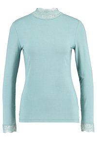 Light blue long-sleeve top made from soft fabric, featuring lace accents at the neckline and cuffs, with a fitted silhouette.