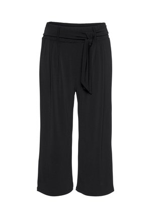 Schwarze, weite Hosen mit elastischem Bund und einem befestigten Stoffgürtel, der vorne zu einem Knoten gebunden ist.