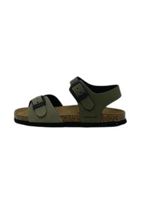 Sandali verde oliva con due fibbie nere regolabili, soletta in sughero e suola in gomma nera testurizzata. Design semplice e aperto per il massimo comfort.