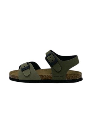 Sandali verde oliva con due fibbie nere regolabili, soletta in sughero e suola in gomma nera testurizzata. Design semplice e aperto per il massimo comfort.
