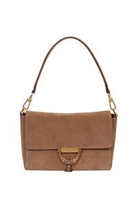 Brown suede handbag with a fold-over flap, gold hardware, and a decorative metal accent. Features a single shoulder strap.