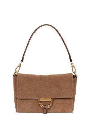 Brown suede handbag with a fold-over flap, gold hardware, and a decorative metal accent. Features a single shoulder strap.