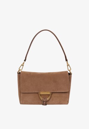 Brown suede handbag with a fold-over flap, gold hardware, and a decorative metal accent. Features a single shoulder strap.