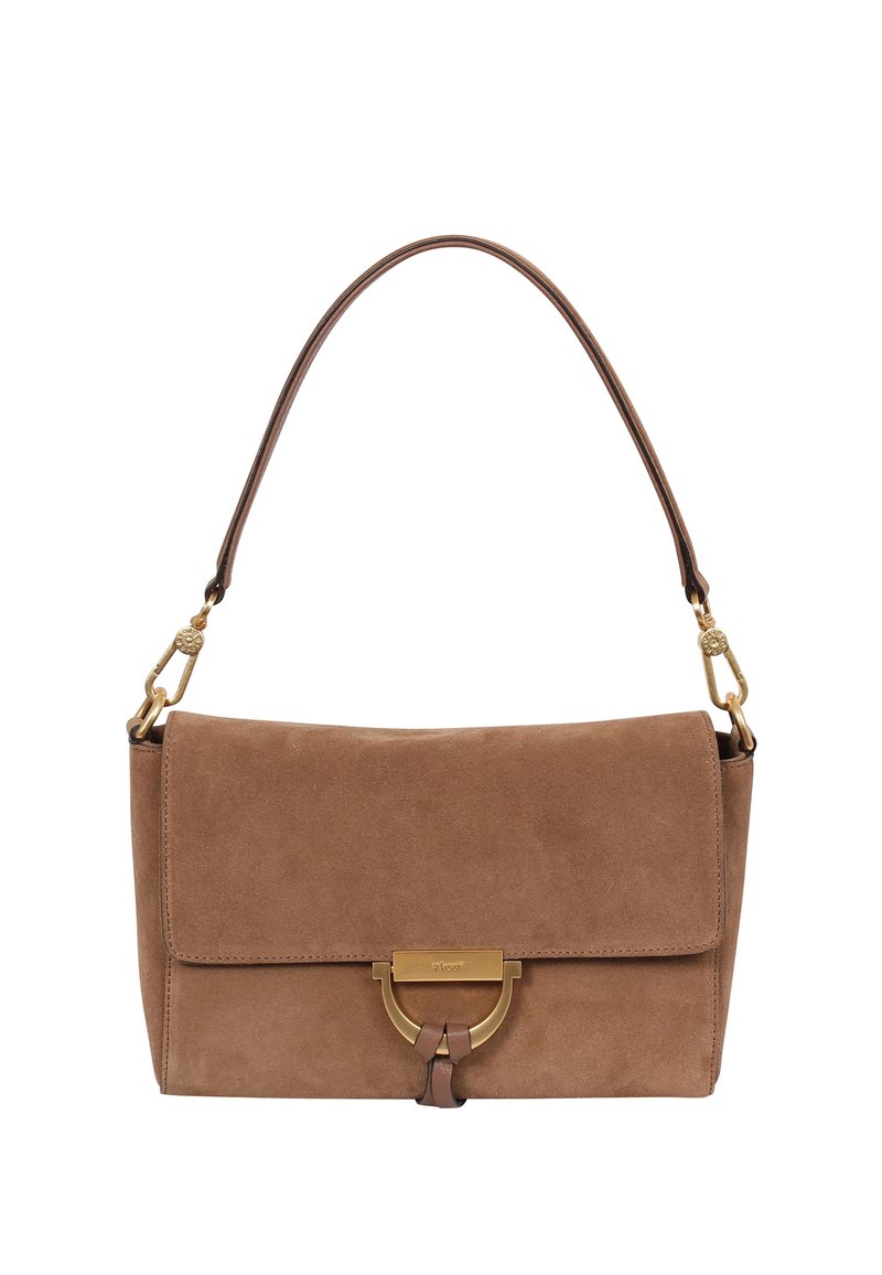 Brown suede handbag with a fold-over flap, gold hardware, and a decorative metal accent. Features a single shoulder strap.