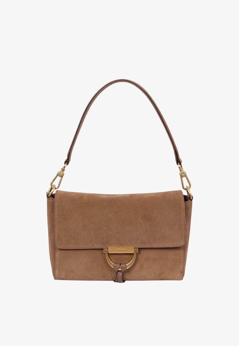 Brown suede handbag with a fold-over flap, gold hardware, and a decorative metal accent. Features a single shoulder strap.