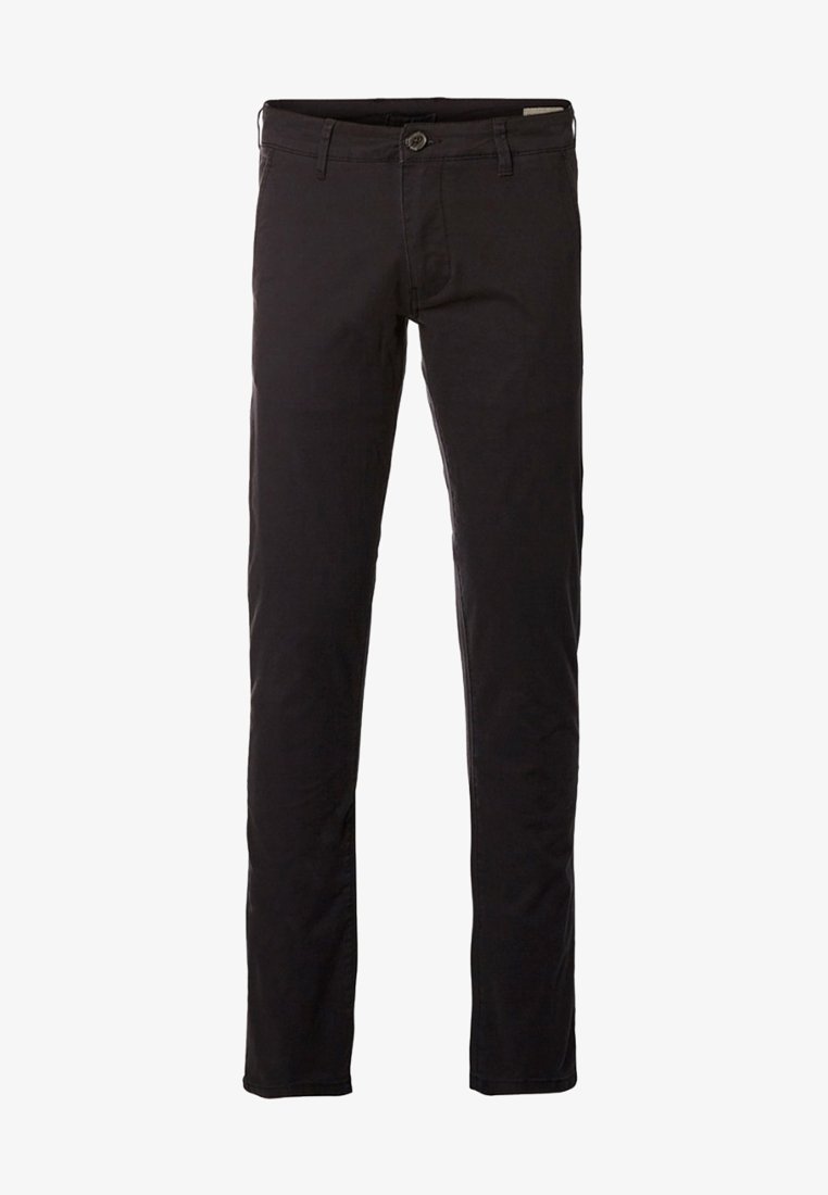 Pantalon noir coupe slim en tissu mélangé coton, avec fermeture à bouton et zip devant, passants pour ceinture, et jambes droites.