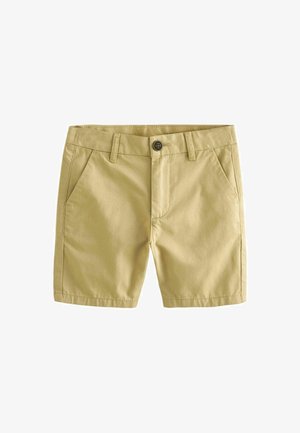 Shorts kaki en mélange de coton, avec deux poches avant, des passants de ceinture et une fermeture à bouton. Texture lisse avec une coupe ajustée.