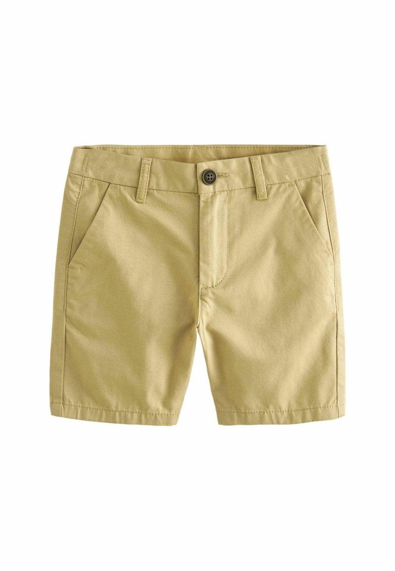 Shorts kaki en mélange de coton, avec deux poches avant, des passants de ceinture et une fermeture à bouton. Texture lisse avec une coupe ajustée.