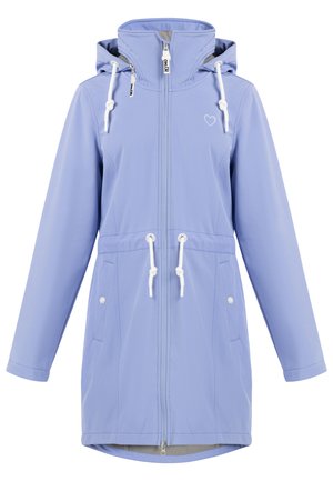 Svetlofialová nepremokavá bunda s kapucňou, so sťahovacím pásom, predným zipsom a dvoma bočnými vreckami s striebornými kovovými akcentmi.