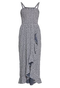 Marinblå midiklänning med tunna remmar, smockad byst, vitt blommönster, volangtill och sidodraperad detalj.