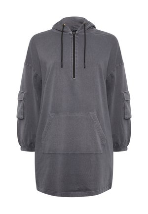 Hætte sweatshirt i mørkegrå, med halvlukket hals, frontlomme og elastiske manchetter. Blødt stof med løs pasform og sidelommer.