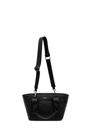 Black textured leather handbag with dual handles and an adjustable shoulder strap, featuring a front zipper pocket and silver hardware.