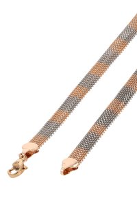 Fém lánc karkötő, amely ezüst és rózsaarany hurkokból áll, homorú zárral és texturált felülettel.