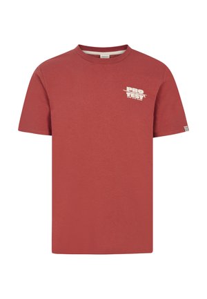 Rotes Baumwoll-T-Shirt mit Rundhalsausschnitt, kurzen Ärmeln und einem weißen "PRO TEST"-Grafikdesign auf der linken Seite. Einfaches und lässiges Design.