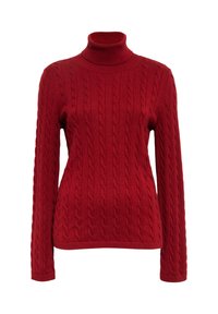 Roter, gestrickter Rollkragenpullover mit strukturierten Zopfmustern, langen Ärmeln und einer figurschmeichelnden Silhouette. Weicher Stoff und gerippte Details am Kragen.