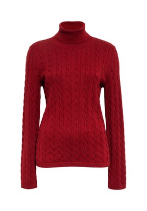 Red knitted turtleneck sweater with textured cable patterns, long sleeves, and a fitted silhouette. Soft fabric and ribbed details at the neck.
