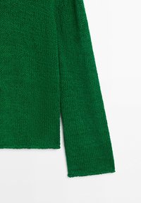 Green knitted long sleeve sweater sleeve and part of the body on a white background.