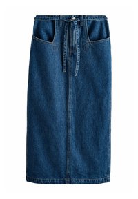 Fustă din denim de culoare albastră închisă, p�ână la genunchi, cu un cordon la talie, două buzunare frontale și cusături vizibile pe margini.