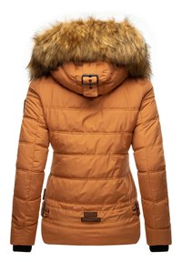 Orange insulated puffer jacket with a fur-lined hood, black hardware accents, and horizontal quilted sections. Features a cinched waist.