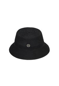 Black bucket hat made of woven material; features a flat, wide brim, and a textured surface with a small logo patch on the side.