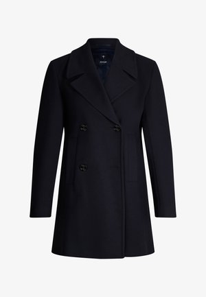 Zwarte double-breasted wollen jas met brede revers, twee frontzakken en vier knopen, getoond op een witte achtergrond.