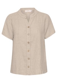Chemise en lin beige à manches courtes avec un col mao et six boutons en bois sur le devant. Détail discret de couture verticale.