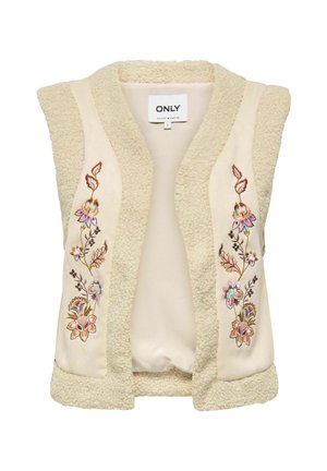 Crème mouwloze vest van gestructureerd fleece materiaal, met bloemenborduurwerk in tinten van roze, paars en geel langs de voorranden.