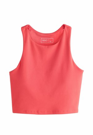 Koralliroosa varrukateta lühike top ümmarguse kaelusega, valmistatud siledast kangast, kaeluse siseküljel bränd "NEXT ACTIVE".