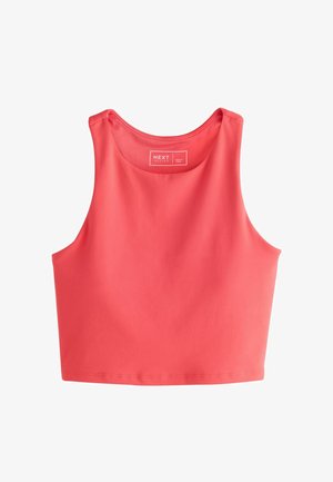 Top roz coral fără mâneci, crop, cu decolteu rotund, realizat dintr-un material neted, cu brandul "NEXT ACTIVE" pe interiorul gulerului.