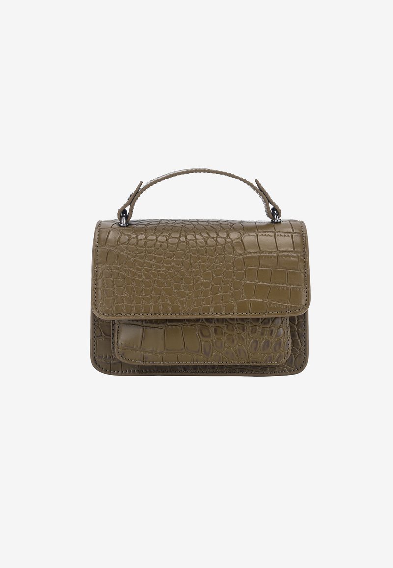 Sac à main vert olive embossé crocodile avec une poignée supérieure et un rabat avant. Présente des textures contrastées et une forme compacte rectangulaire.