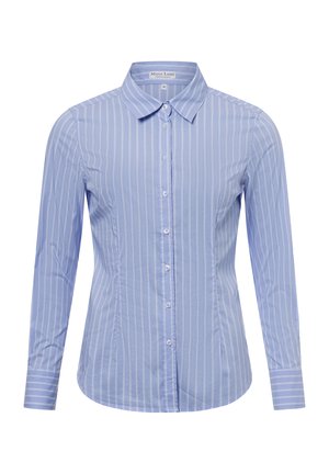 Light blue long-sleeve shirt with white vertical stripes, button-up front, classic collar, and tailored fit. Smooth fabric texture.