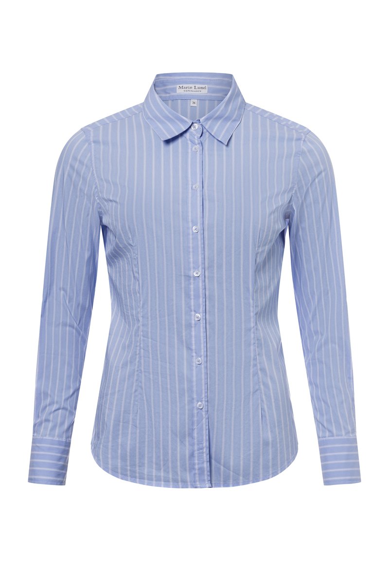 Light blue long-sleeve shirt with white vertical stripes, button-up front, classic collar, and tailored fit. Smooth fabric texture.