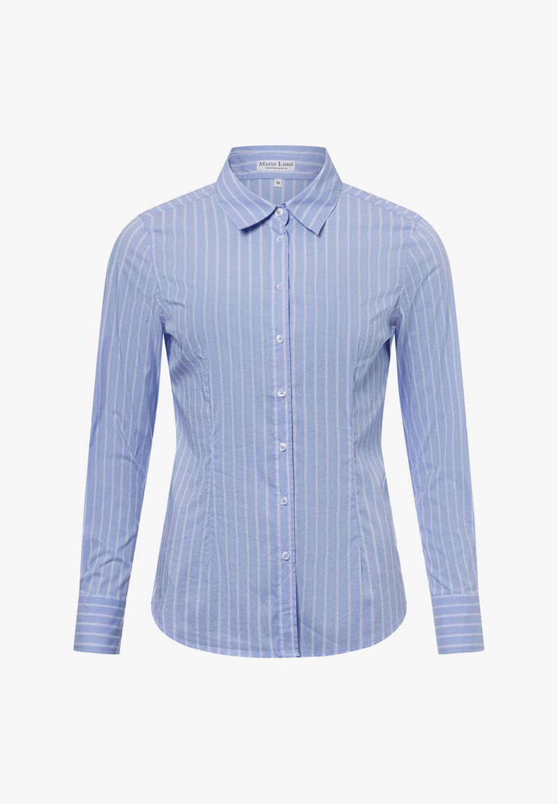 Light blue long-sleeve shirt with white vertical stripes, button-up front, classic collar, and tailored fit. Smooth fabric texture.
