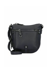 Dunkelblaues Leder-Crossbody-Bag mit strukturiertem Finish, silberner Hardware, Vorderfach mit Reißverschluss und verstellbarem Trageriemen. Weiche, abgerundete Form.