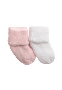 Baumwollmischung Babysocken in Pink und Weiß. Stricktextur mit umgeschlagenen Bündchen und glatter Oberfläche. Weich und gemütlich für maximalen Komfort.